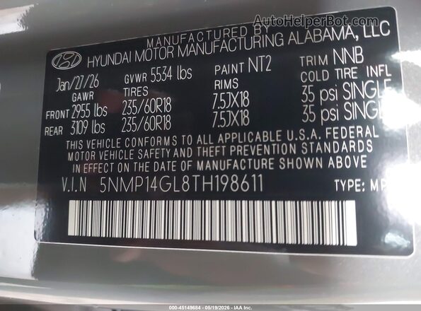 5NMP14GL8TH198611 2026 HYUNDAI SANTA FE Gray Vista del compartimento del motor
