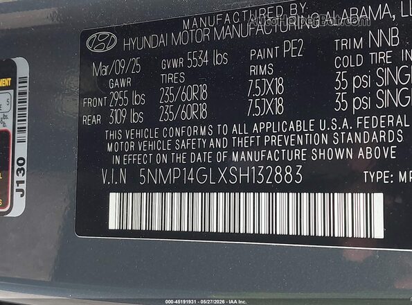5NMP14GLXSH132883 2025 HYUNDAI SANTA FE Gray Вид підкапотного простору