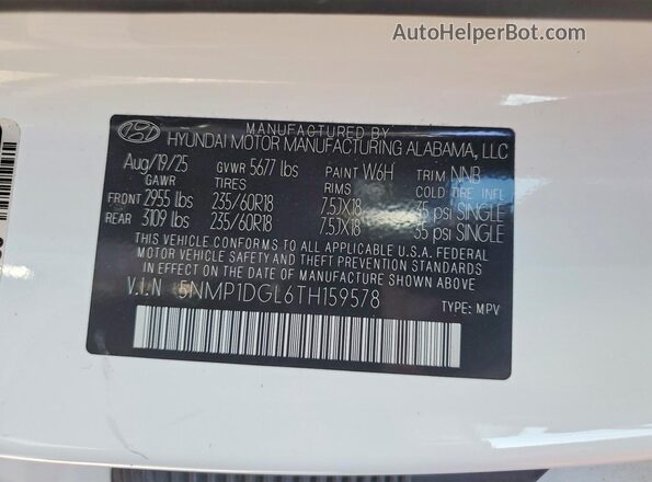 5NMP1DGL6TH159578 2026 HYUNDAI SANTA Белый Вид наклейки с VIN-кодом