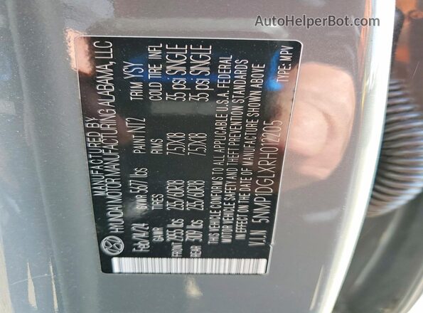 5NMP1DGLXRH012205 2024 HYUNDAI SANTA Gray VIN კოდის სტიკერის ხედი