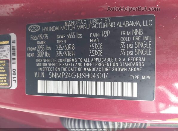 5NMP24G18SH043017 2025 HYUNDAI SANTA FE HYBRID Red Engine compartment view