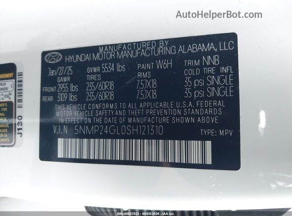 5NMP24GL0SH121310 2025 HYUNDAI SANTA FE White Շարժիչի բաժամունքի տեսք