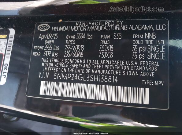 5NMP24GL3SH138814 2025 HYUNDAI SANTA FE Black Вид підкапотного простору