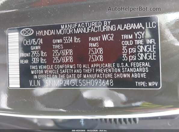 5NMP24GL5SH093648 2025 HYUNDAI SANTA FE Зеленый Вид подкапотного пространства