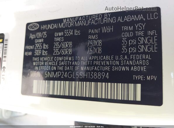 5NMP24GL5SH138894 2025 HYUNDAI SANTA FE White Vista del compartimento del motor