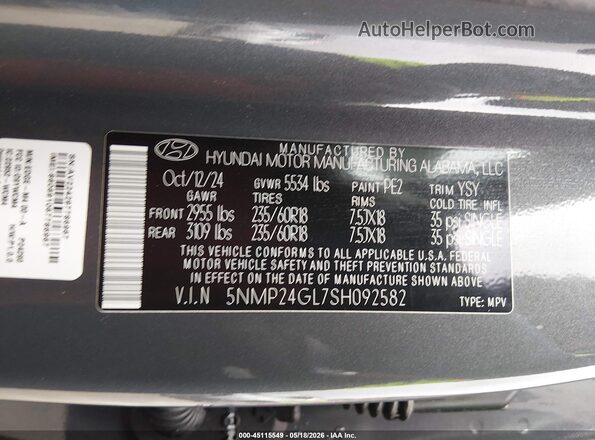 5NMP24GL7SH092582 2025 HYUNDAI SANTA FE Gray Widok komory silnika