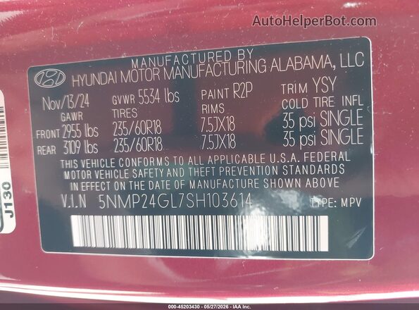 5NMP24GL7SH103614 2025 HYUNDAI SANTA FE Burgundy Vista del compartimento del motor