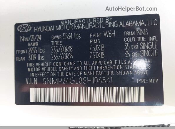 5NMP24GL8SH106831 2025 HYUNDAI SANTA FE White Vista del compartimento del motor