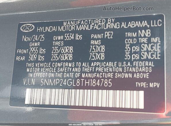 5NMP24GL8TH184785 2026 HYUNDAI SANTA FE Gray Շարժիչի բաժամունքի տեսք