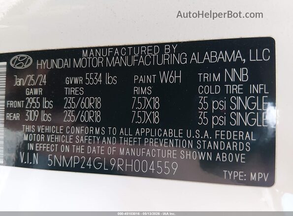 5NMP24GL9RH004559 2024 HYUNDAI SANTA FE White Engine compartment view