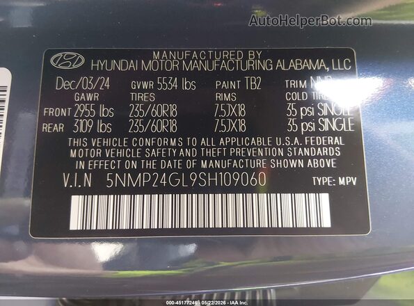 5NMP24GL9SH109060 2025 HYUNDAI SANTA FE Blue Вид підкапотного простору