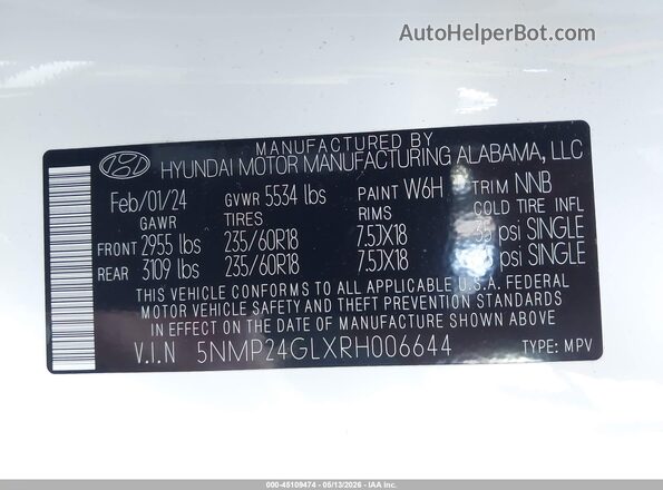 5NMP24GLXRH006644 2024 HYUNDAI SANTA FE Белый Вид подкапотного пространства