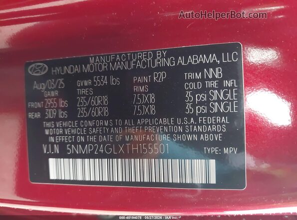 5NMP24GLXTH155501 2026 HYUNDAI SANTA FE Red Widok komory silnika
