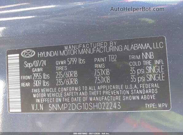 5NMP2DG10SH022243 2025 HYUNDAI SANTA FE HYBRID Blue Engine compartment view