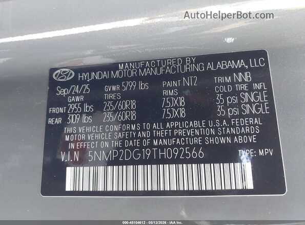 5NMP2DG19TH092566 2026 HYUNDAI SANTA FE HYBRID Серый Вид подкапотного пространства