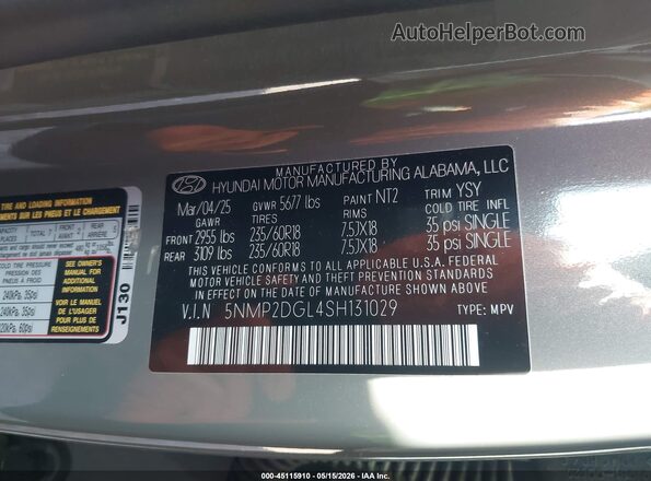 5NMP2DGL4SH131029 2025 HYUNDAI SANTA FE Gray Vista del compartimento del motor