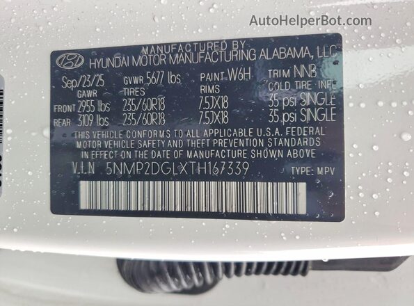 5NMP2DGLXTH167339 2026 HYUNDAI SANTA White VIN კოდის სტიკერის ხედი