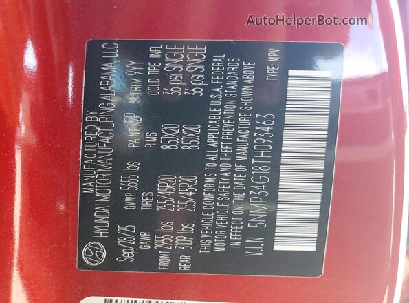 5NMP34G18TH093463 2026 HYUNDAI SANTA Red Vista de la etiqueta del VIN