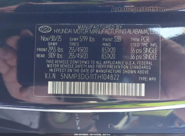 5NMP3DG11TH104822 2026 HYUNDAI SANTA FE HYBRID Black Вид підкапотного простору