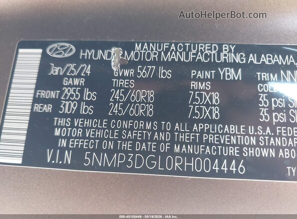 5NMP3DGL0RH004446 2024 HYUNDAI SANTA FE Brown Շարժիչի բաժամունքի տեսք