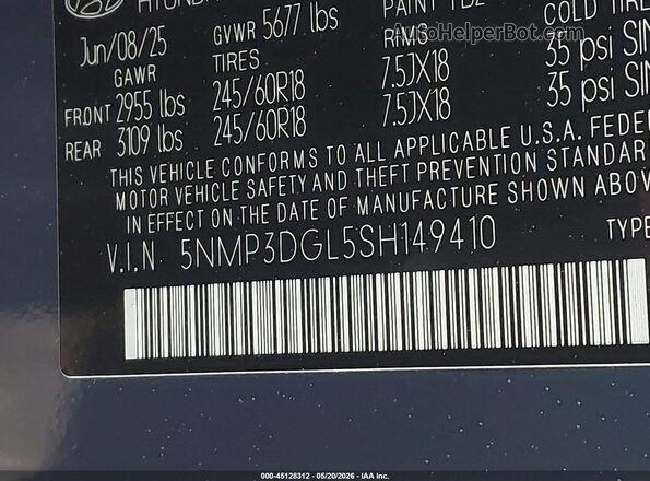 5NMP3DGL5SH149410 2025 HYUNDAI SANTA FE Blue Engine compartment view