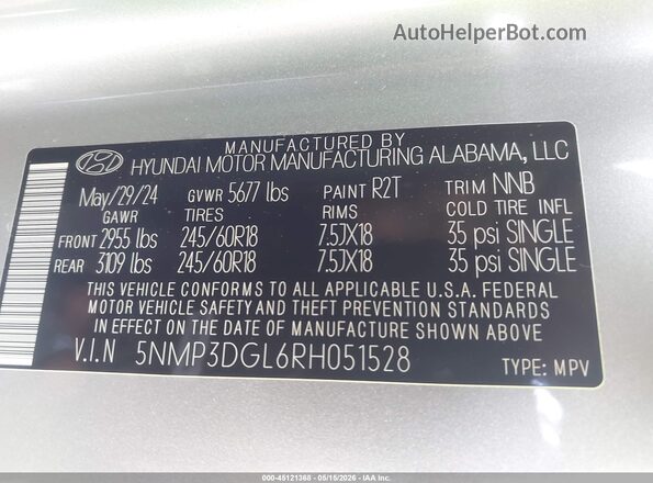5NMP3DGL6RH051528 2024 HYUNDAI SANTA FE Silver Շարժիչի բաժամունքի տեսք