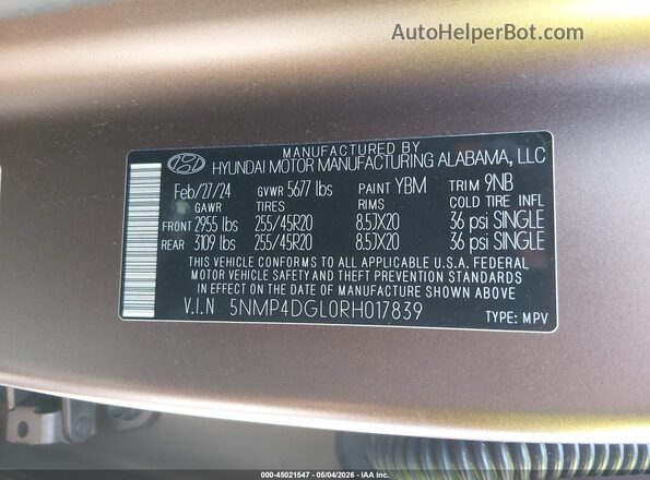 5NMP4DGL0RH017839 2024 HYUNDAI SANTA FE 4D 4WD Brown Vista del compartimento del motor