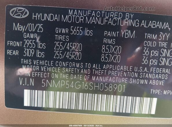 5NMP54G16SH058901 2025 HYUNDAI SANTA FE HYBRID Brown ძრავის განყოფილების ხედი
