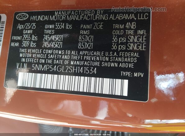 5NMP54GL2SH141534 2025 HYUNDAI SANTA FE Orange ძრავის განყოფილების ხედი
