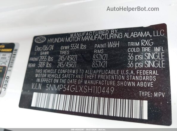 5NMP54GLXSH110449 2025 HYUNDAI SANTA FE White Widok komory silnika