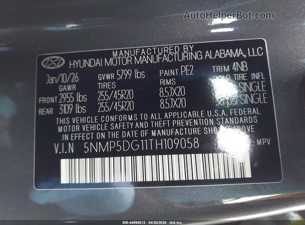 5NMP5DG11TH109058 2026 HYUNDAI SANTA FE HYBRID Gray Շարժիչի բաժամունքի տեսք