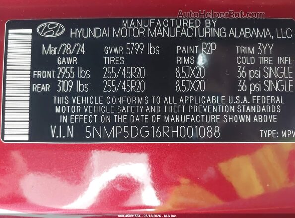 5NMP5DG16RH001088 2024 HYUNDAI SANTA FE HYBRID Red Շարժիչի բաժամունքի տեսք