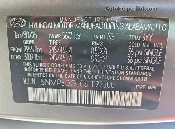 5NMP5DGL0SH122500 2025 HYUNDAI SANTA FE CALLIGRAPHY Серый Вид наклейки с VIN-кодом