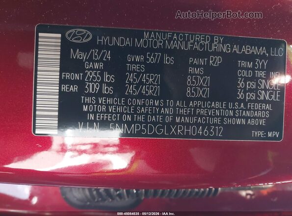 5NMP5DGLXRH046312 2024 HYUNDAI SANTA FE Red Engine compartment view