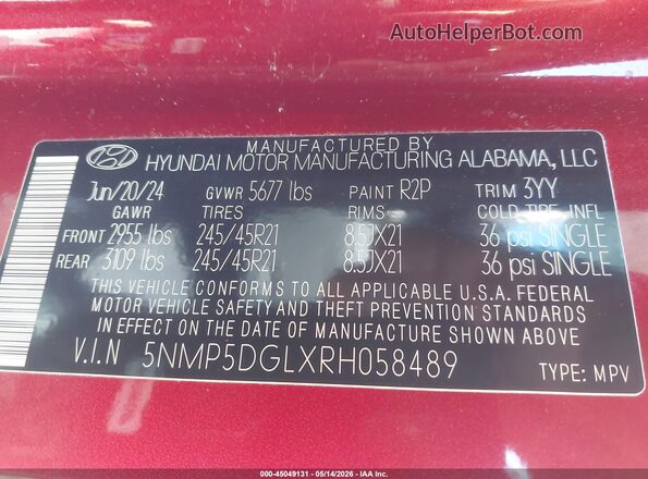 5NMP5DGLXRH058489 2024 HYUNDAI SANTA FE Red ძრავის განყოფილების ხედი