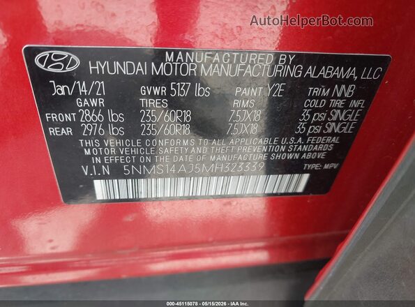 5NMS14AJ5MH323339 2021 HYUNDAI SANTA FE Красный Вид подкапотного пространства