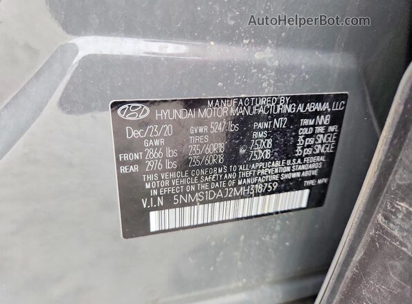5NMS1DAJ2MH318759 2021 HYUNDAI SANTA Gray VIN sticker view