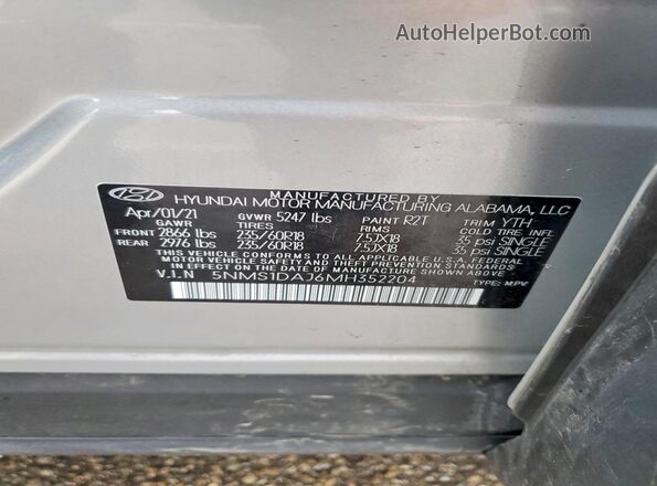 5NMS1DAJ6MH352204 2021 HYUNDAI SANTA Silver VIN კოდის სტიკერის ხედი