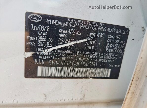 5NMS23AD0KH003263 2019 HYUNDAI SANTA Белый 