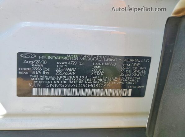 5NMS23AD0KH031760 2019 HYUNDAI SANTA Белый 