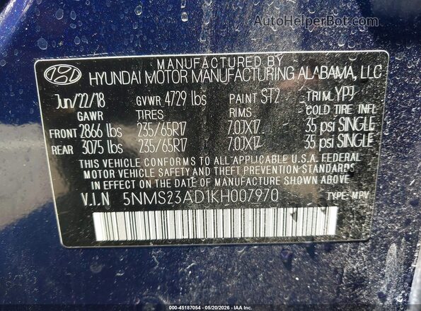 5NMS23AD1KH007970 2019 HYUNDAI SANTA FE Blue Widok komory silnika