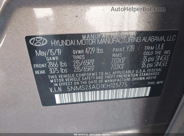 5NMS23AD1KH125775 2019 HYUNDAI SANTA FE Gray Engine compartment view