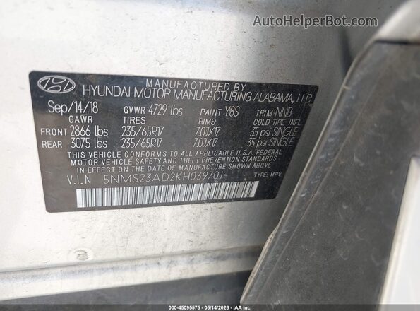 5NMS23AD2KH039701 2019 HYUNDAI SANTA FE Silver 