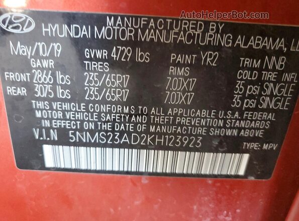 5NMS23AD2KH123923 2019 HYUNDAI SANTA Темно-бордовый Вид подкапотного пространства