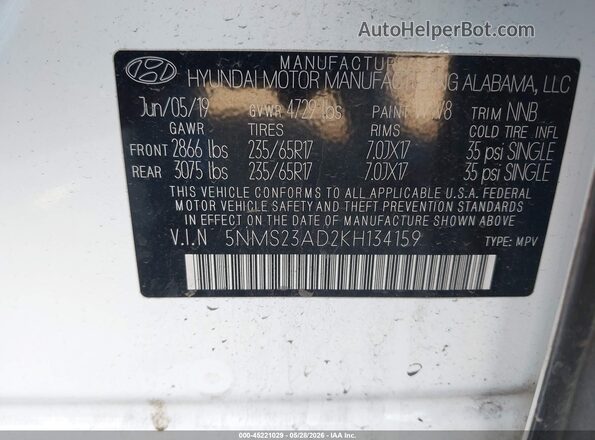 5NMS23AD2KH134159 2019 HYUNDAI SANTA FE White Widok komory silnika