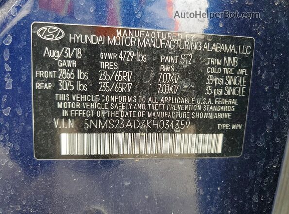 5NMS23AD3KH034359 2019 HYUNDAI SANTA Blue 