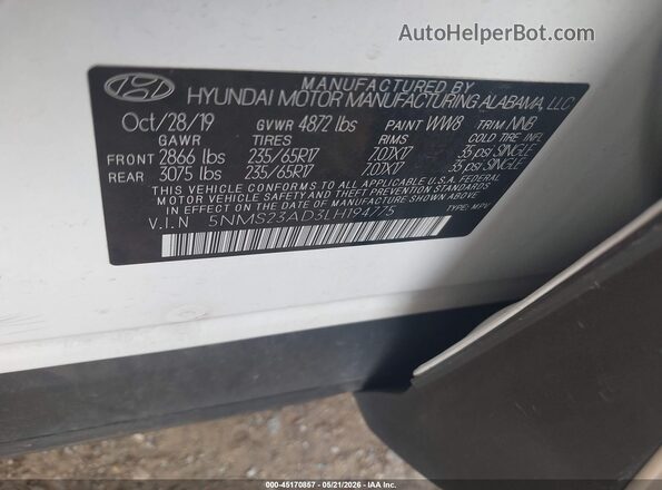 5NMS23AD3LH194775 2020 HYUNDAI SANTA FE White ძრავის განყოფილების ხედი