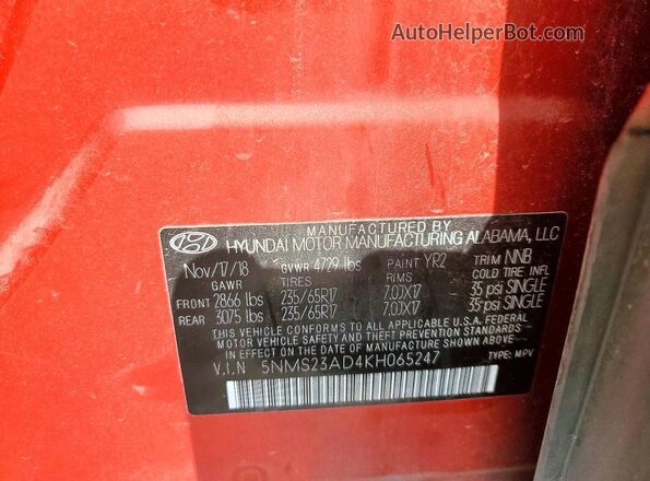 5NMS23AD4KH065247 2019 HYUNDAI SANTA Maroon VIN կոդի պիտակի տեսք