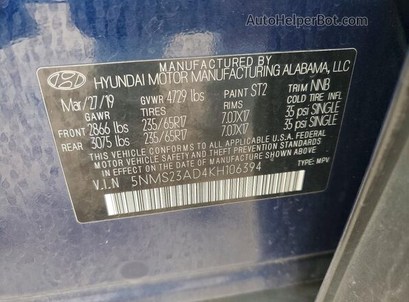 5NMS23AD4KH106394 2019 HYUNDAI SANTA Blue 
