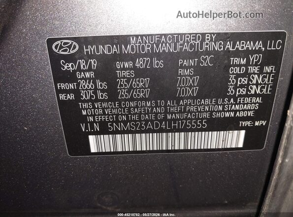 5NMS23AD4LH175555 2020 HYUNDAI SANTA FE Gray 